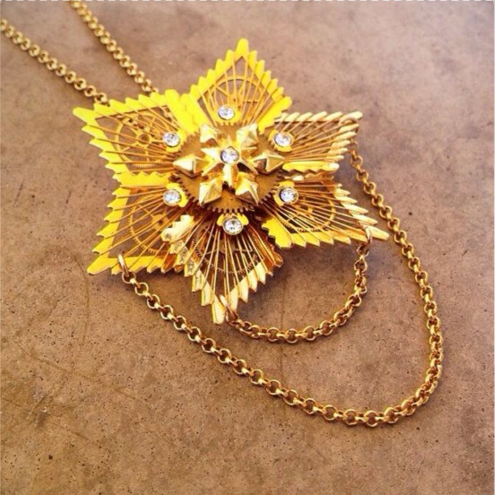 Snowflake Necklace WireWrapped Gold toned Gear Industrial Brooch Statement Piece